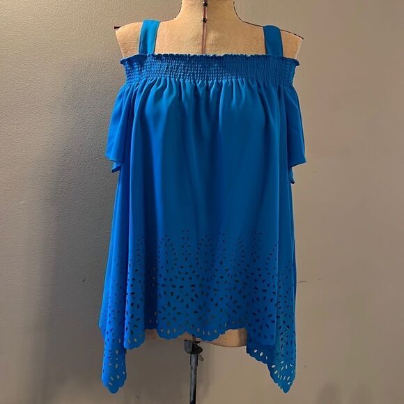 NWT Jones New York Blue Off Shoulder Blouse - Size Large - Picture 1 of 15